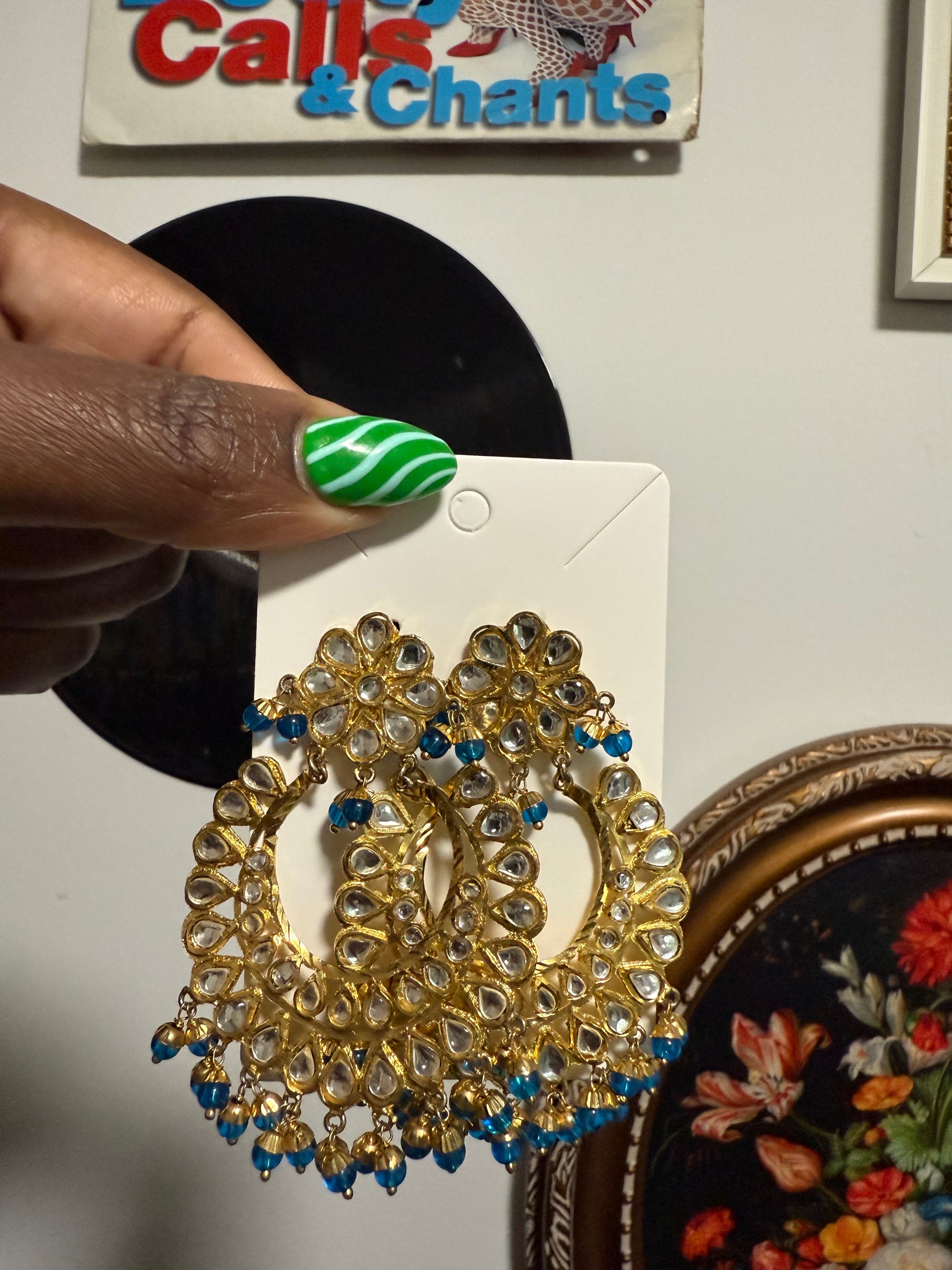 Gold and blue statement earrings