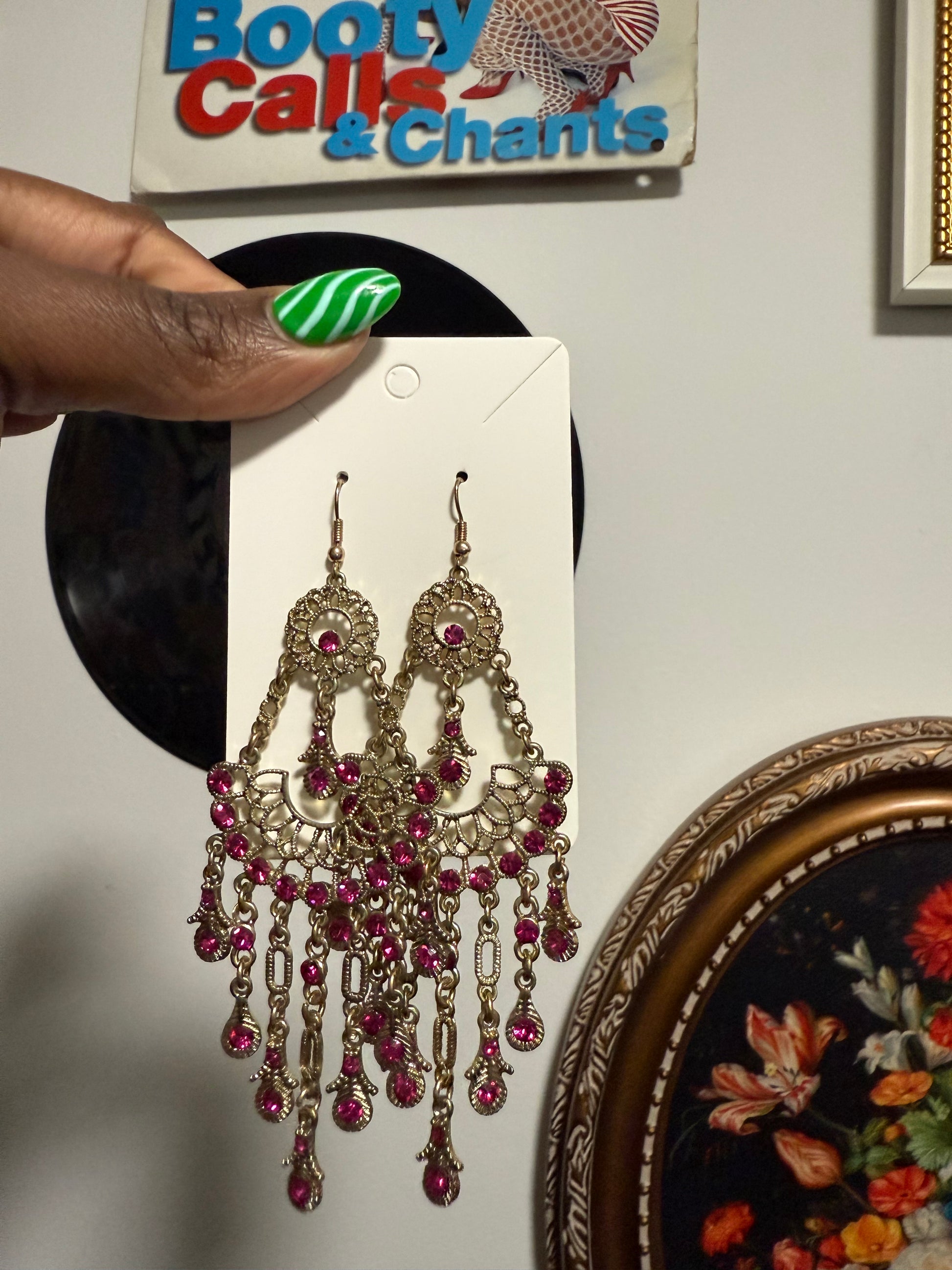 Pink and gold chandelier earrings