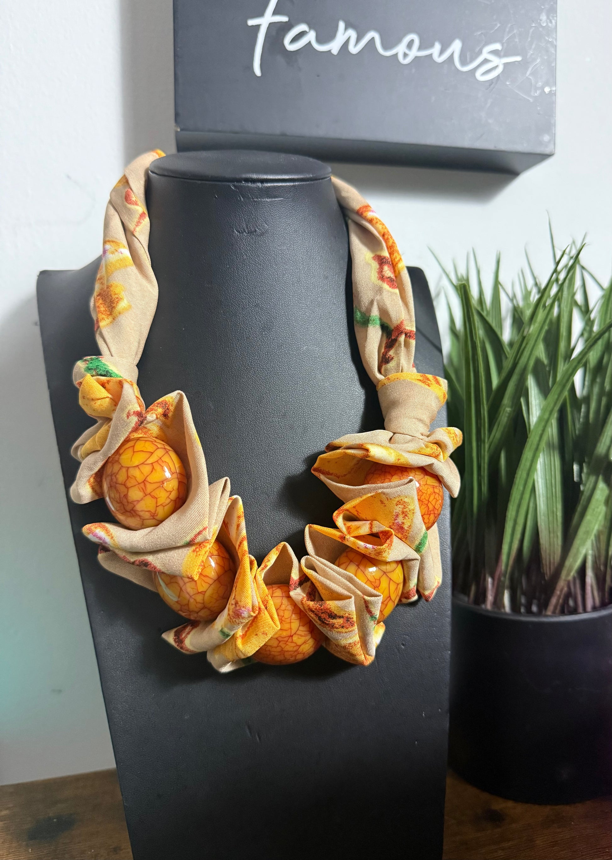 Floral fabric orange stone necklace