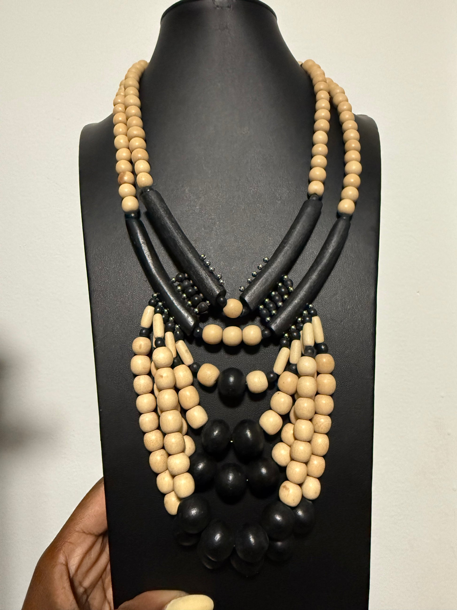 Tan and black wood bead necklace